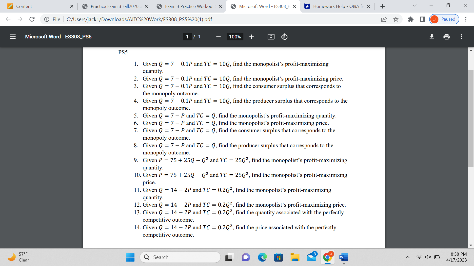 V Content x Practice Exam 3 Fall2020.p X Exam 3 Practice