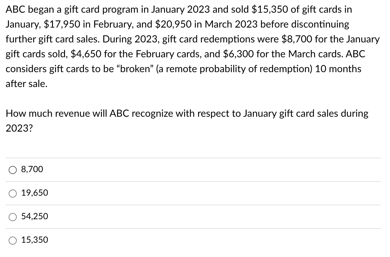 ABC began a gift card program in January 2023 and sold