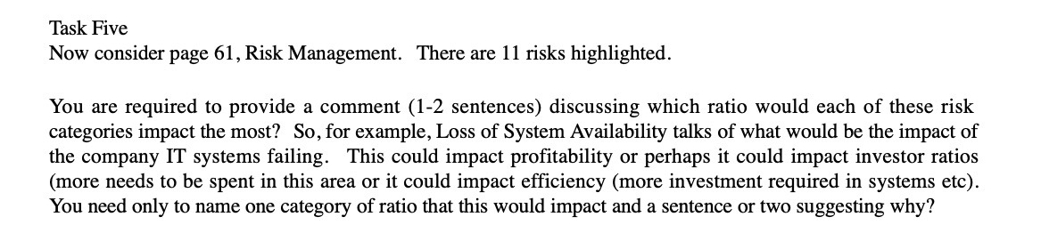 Task Five Now consider page 61, Risk Management. There are 11