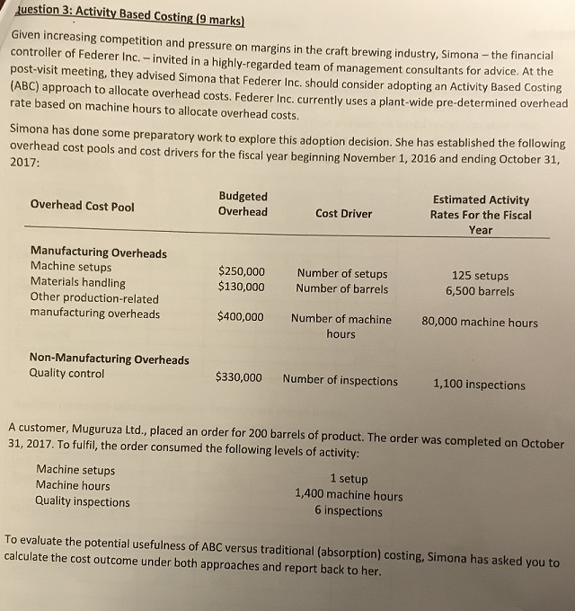  question 3: Activity Based Costing (9 marks] Given increasing competition and