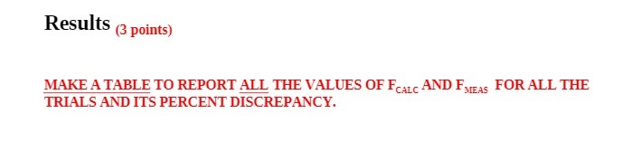  Results (3 points) MAKE A TABLE TO REPORT ALL THE VALUES