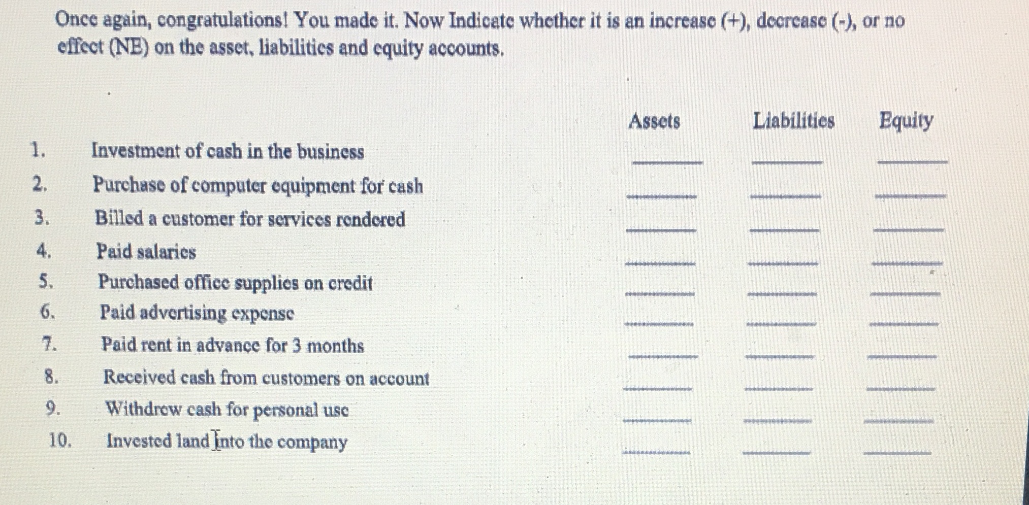 Once again, congratulations! You made it. Now Indicate whether it is