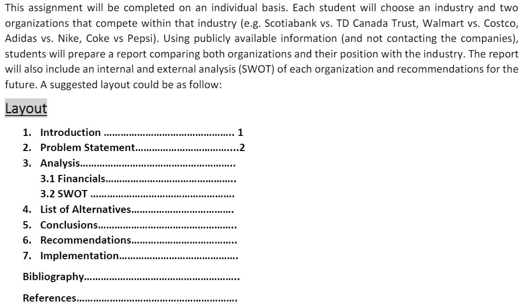  This assignment will be completed on an individual basis. Each student