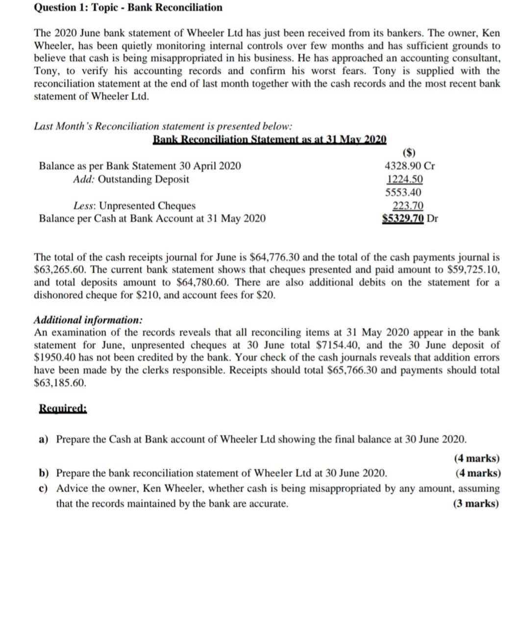 Hi please solve this question Question 1: Topic - Bank Reconciliation The