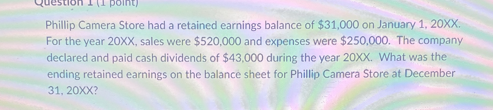  Question 1 ( 1 point) Phillip Camera Store had a retained