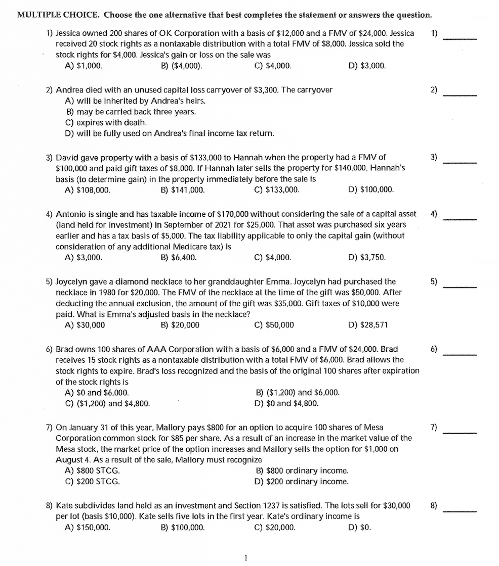 MULTIPLE CHOICE. Choose the one alternative that best completes the statement