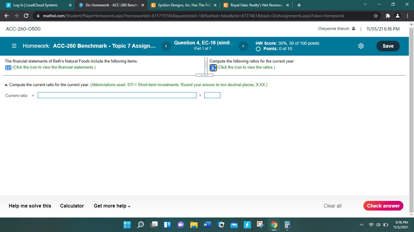 Log In | LoudCloud Systems X Do Homework - ACC-260 Benchr