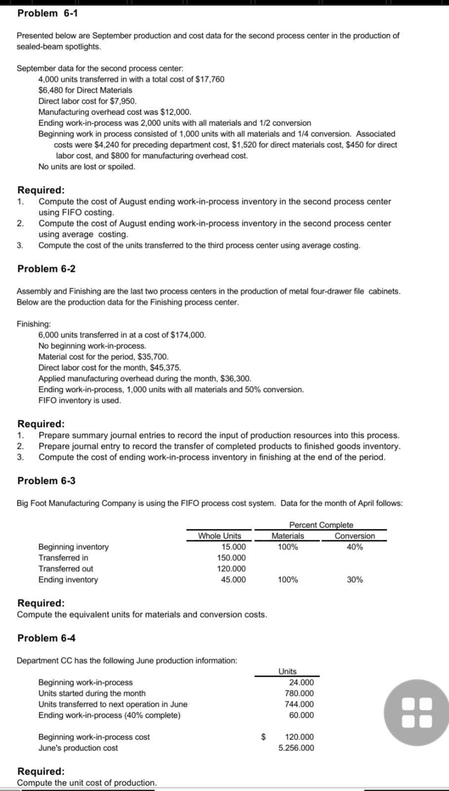  Problem 6-1 Presented below are September production and cost data for