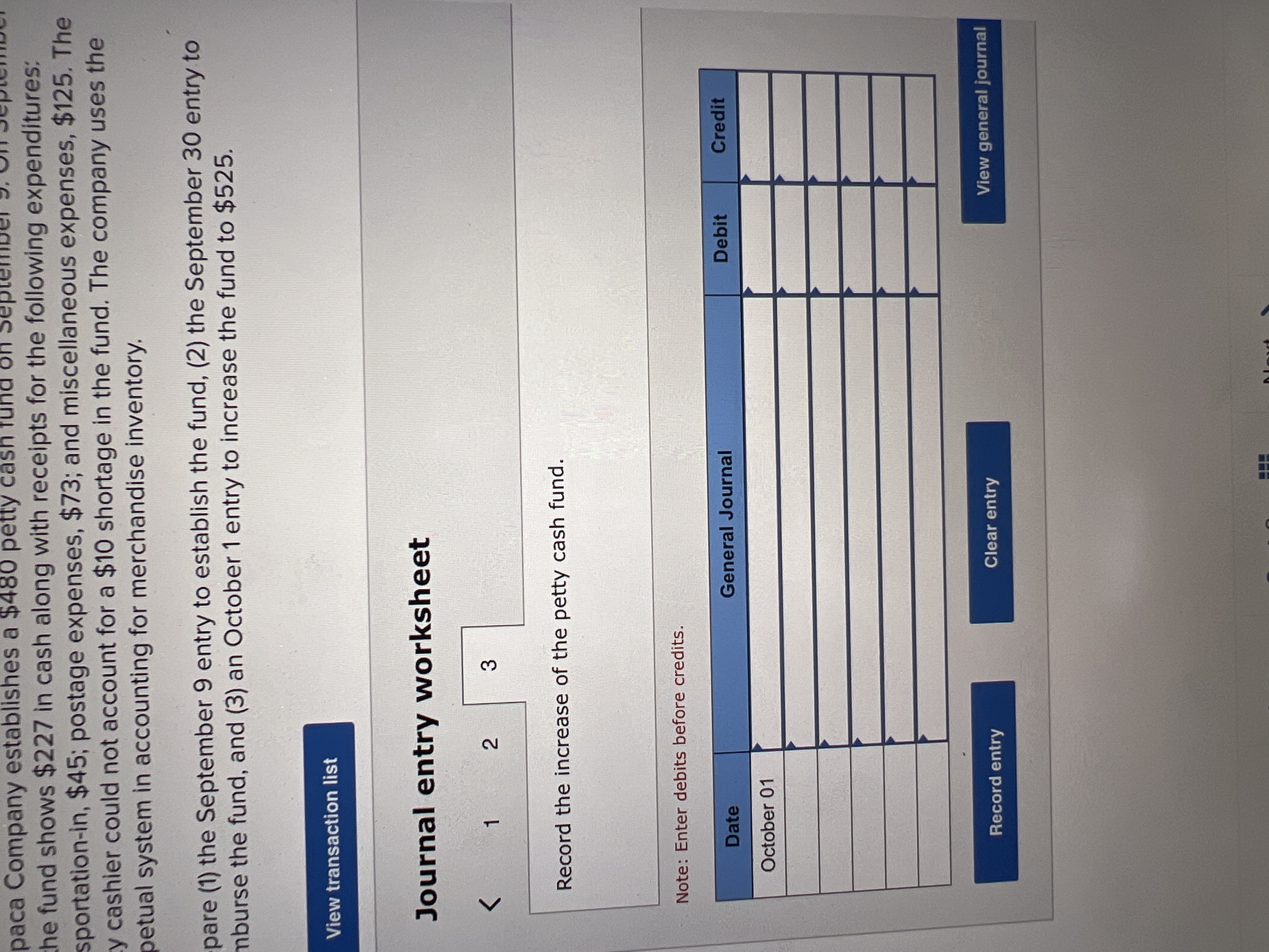 the following expenditures: transportation-in, $45; postage expenses, $73; and miscellaneous expenses, $125.