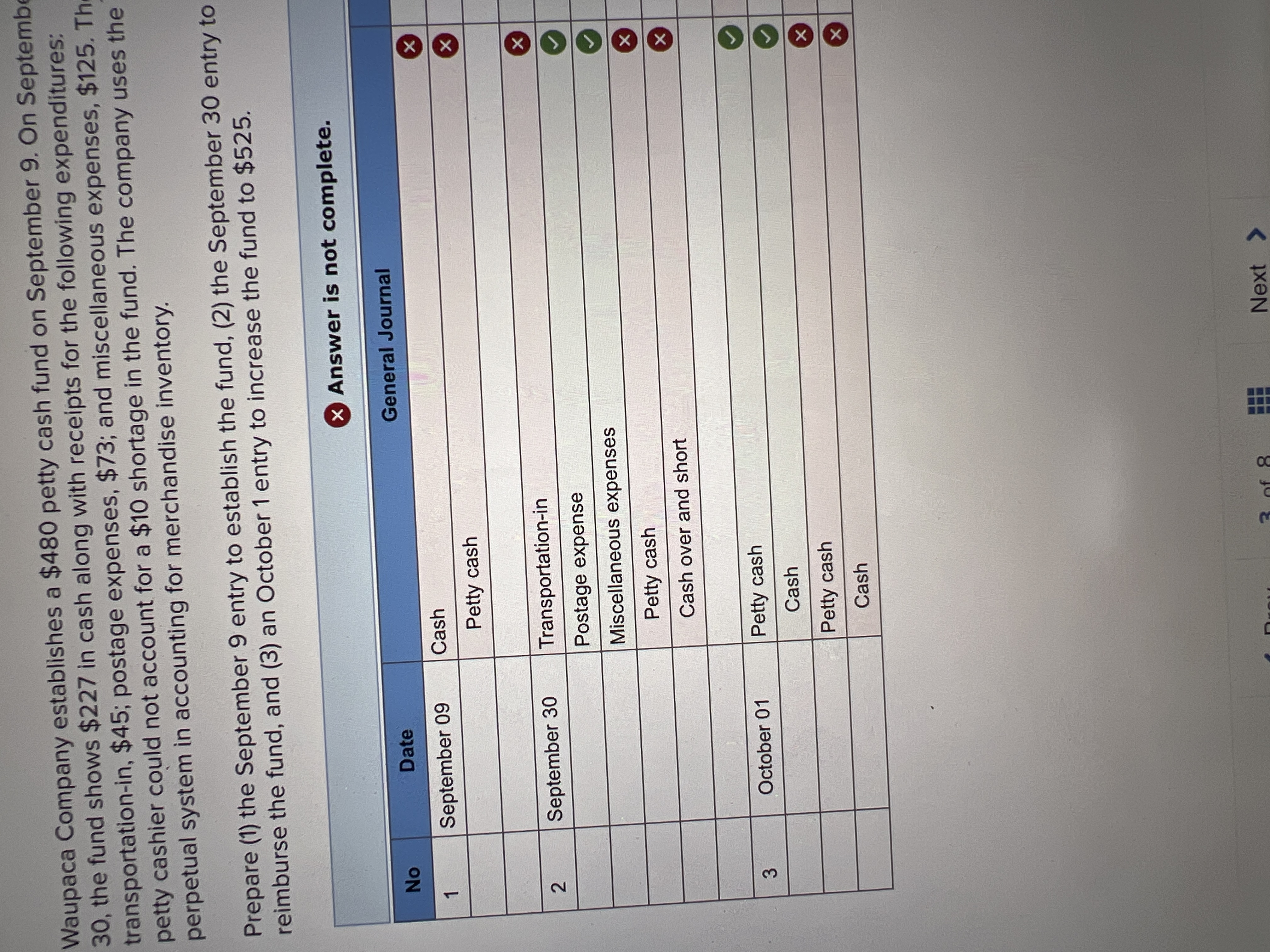 The petty cashier could not account for a $10 shortage in the