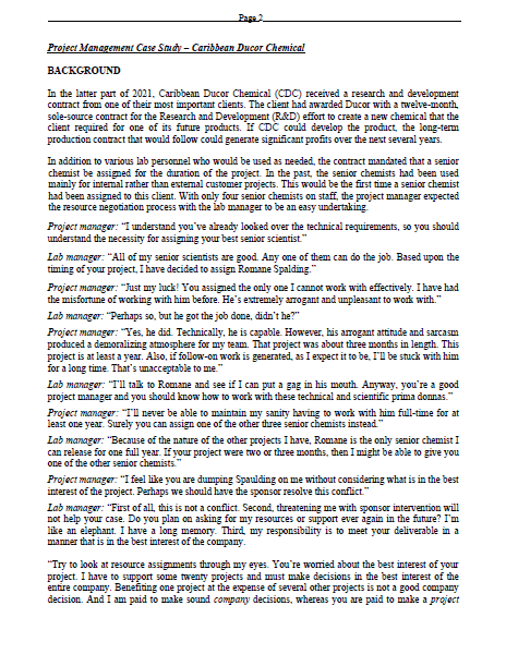  Barn 2 Project Management Case Study - Caribbean Ducor Chemical BACKGROUND