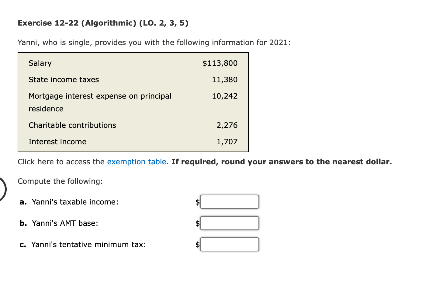 Exercise 12-22 (Algorithmic) (LO. 2, 3, 5) Yanni, who is single,