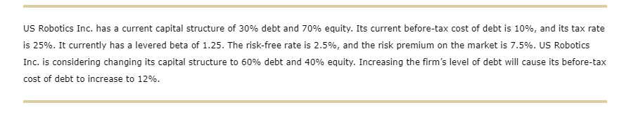 beta. 7 Use US Robotics Inc's unlevered beta to solve for the