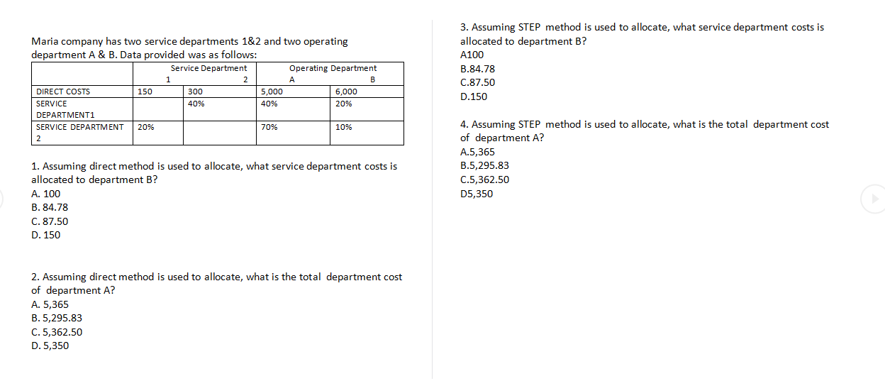 the total department cost of department A? A5,365 35,295.33 (25,362.50 [15,350 5.