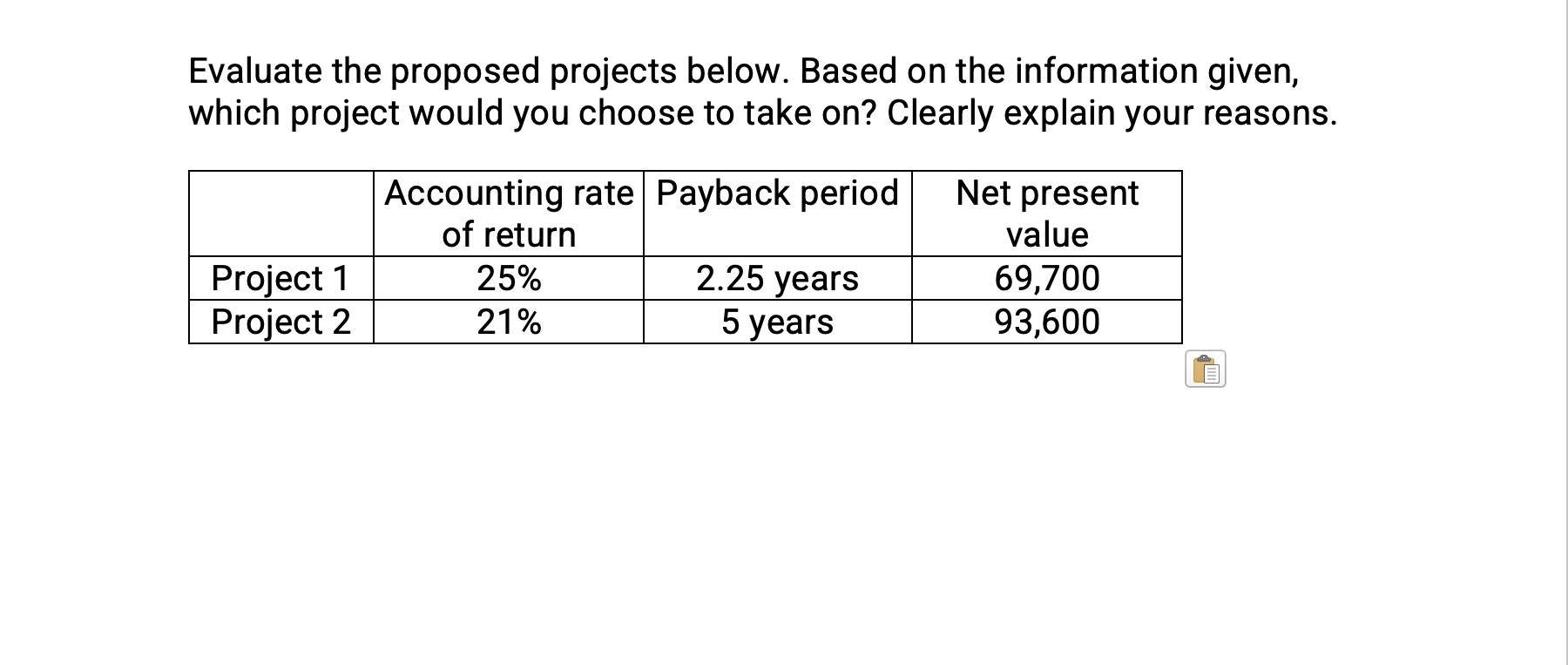  Evaluate the proposed projects below. Based on the information given, which