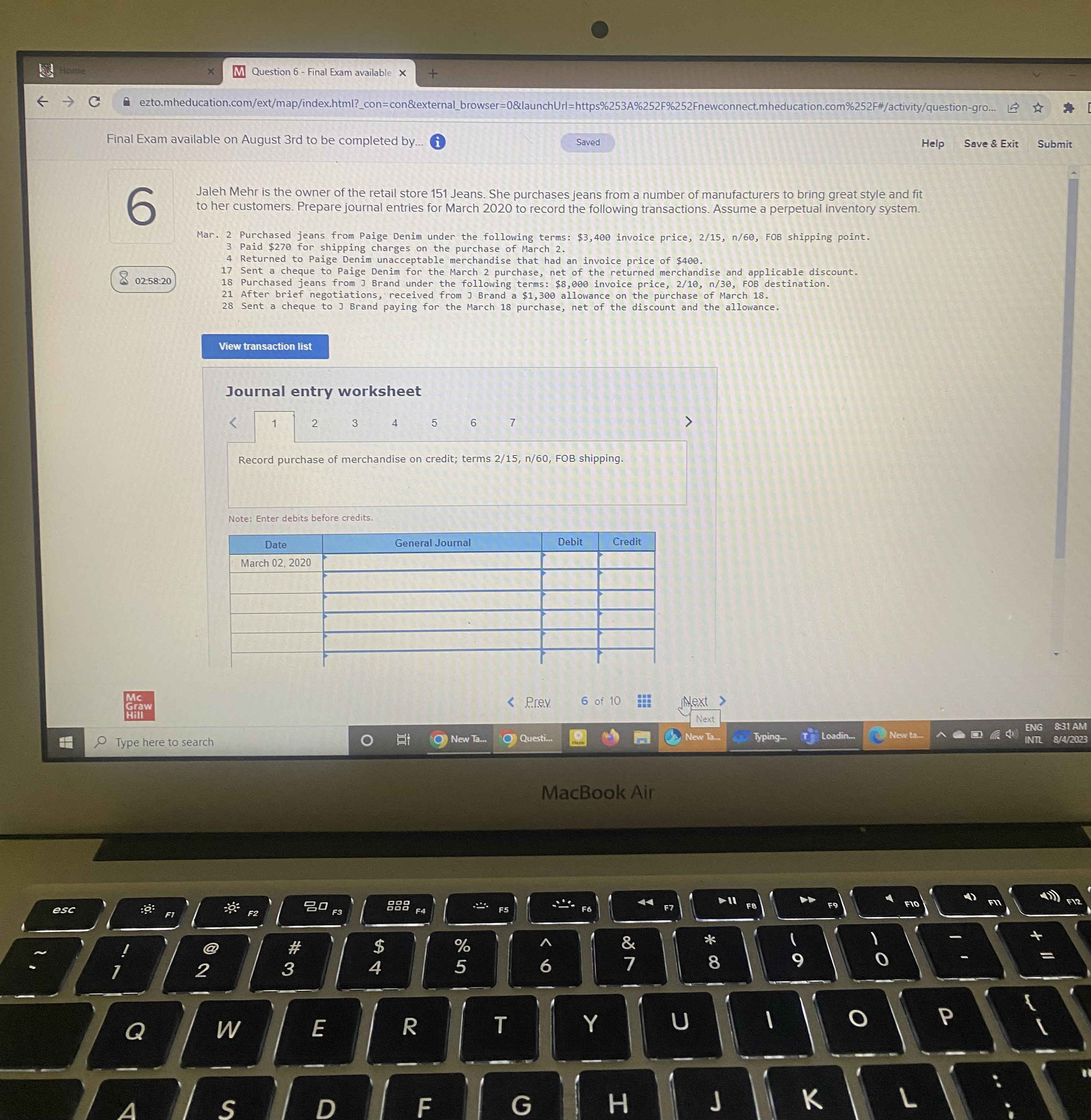  M Question 6 - Final Exam available x -> C A