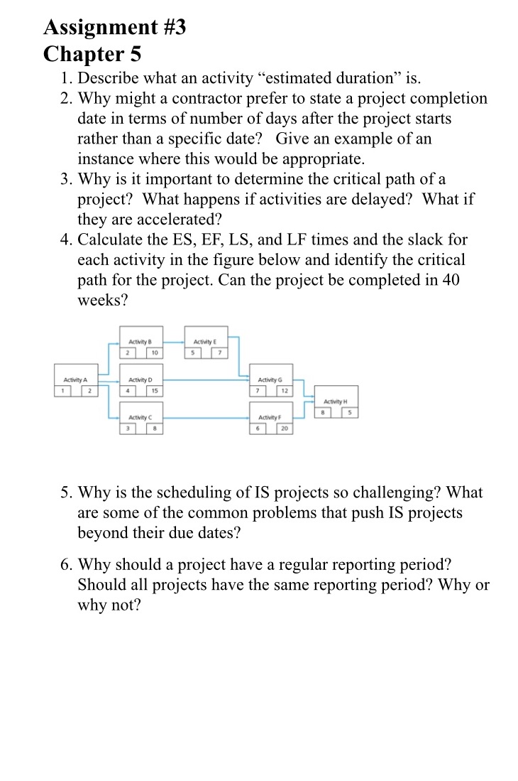 Assignment #3 Chapter 5 1. Describe what an activity \"estimated duration\"