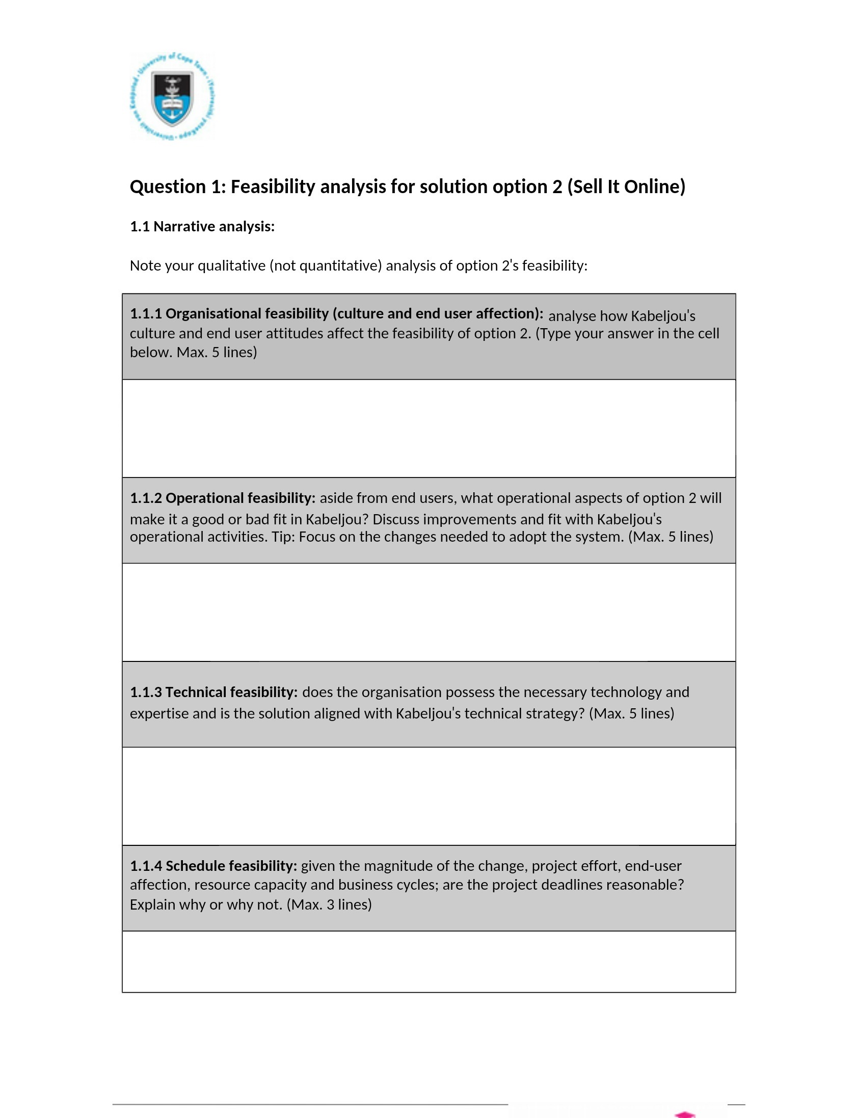 Question 1: Feasibility analysis for solution option 2 (Sell It Online)