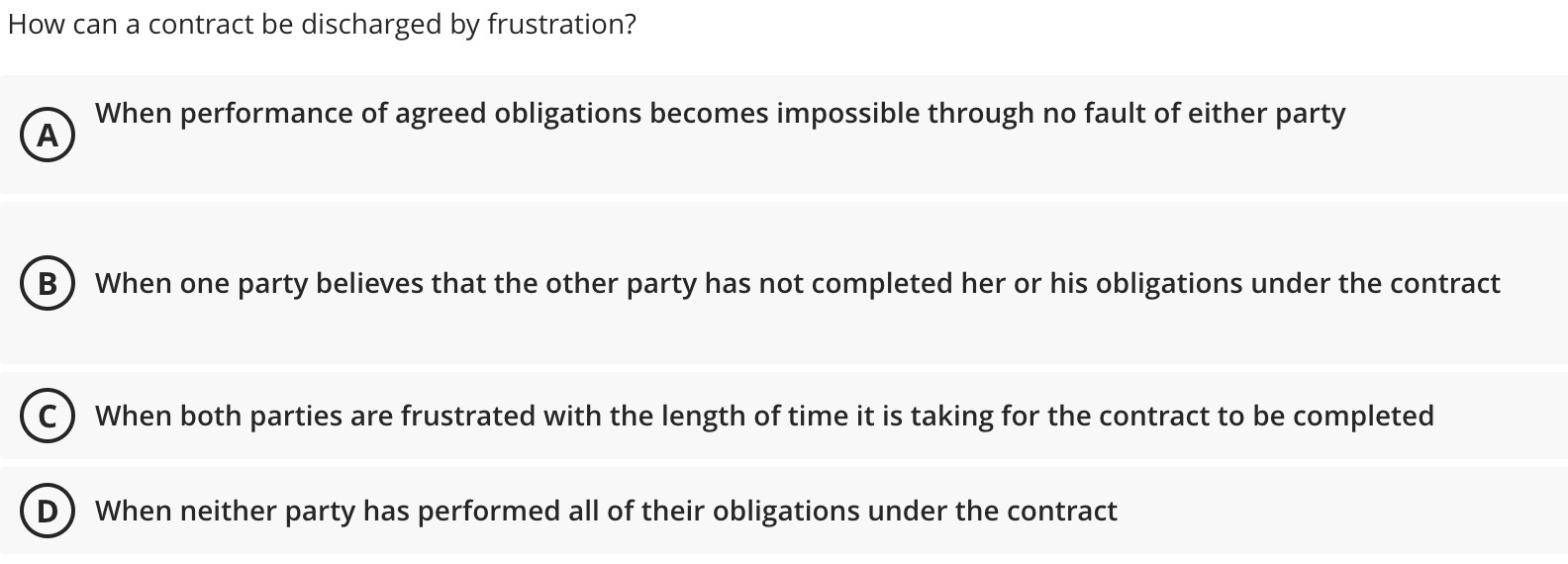 How can a contract be discharged by frustration?AWhen performance of agreed obligations
