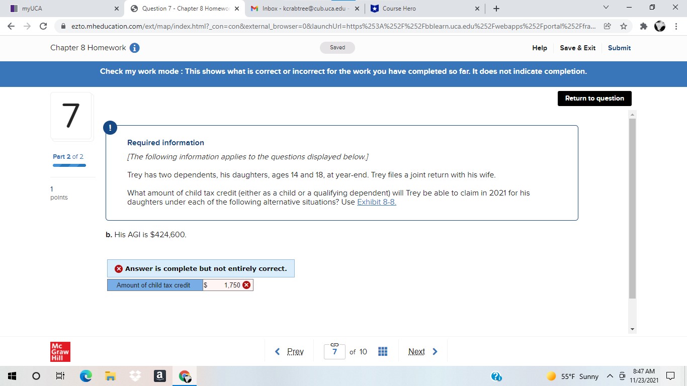 myUCA X Question 7 - Chapter 8 Homewor X M Inbox