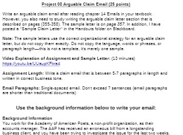 Project 08 Arguable Claim Email (25 points) Write an arguable claim