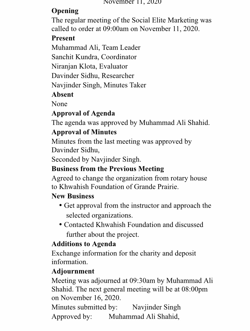 called to order at 04:00pm on November 04, 2020. Present Muhammad Ali,