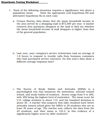 Topic: Hypothesis TestingSubject: Statistics and Probability With solution needed Hypothesis Testing Worksheet