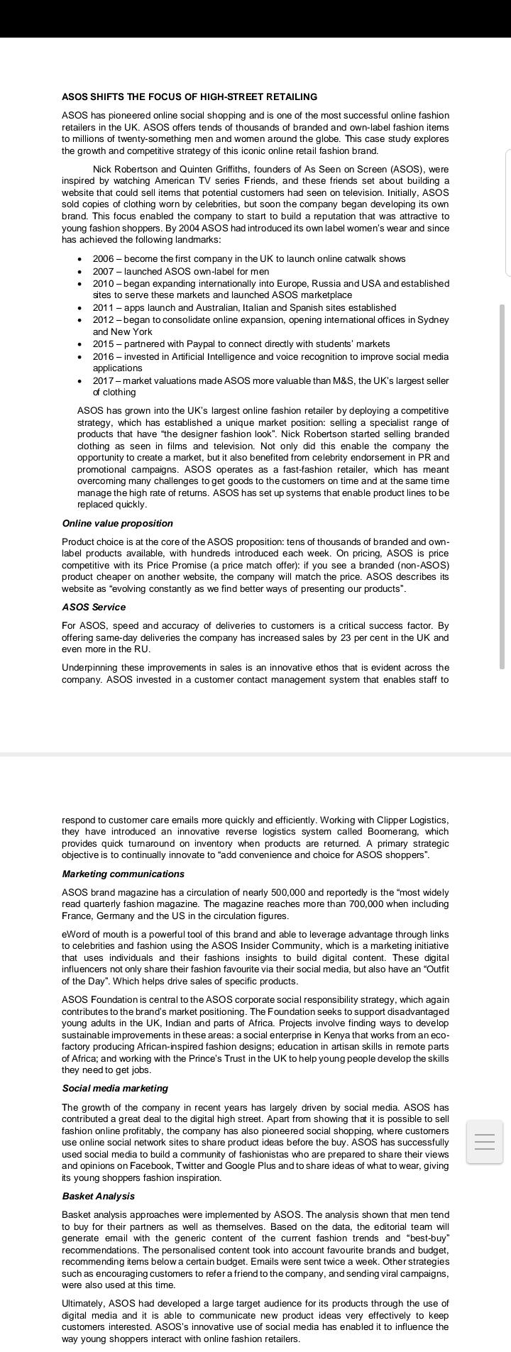 1.Identify five (5) examples how ASOS has used digital to develop its