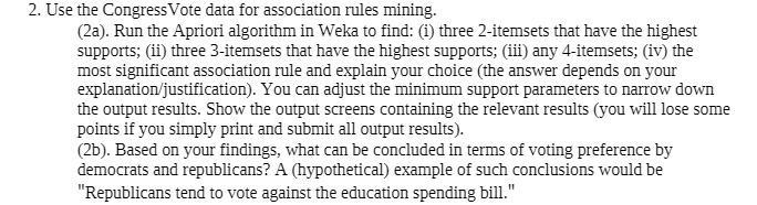2. Use the Congress Vote data for association rules mining. (2a).