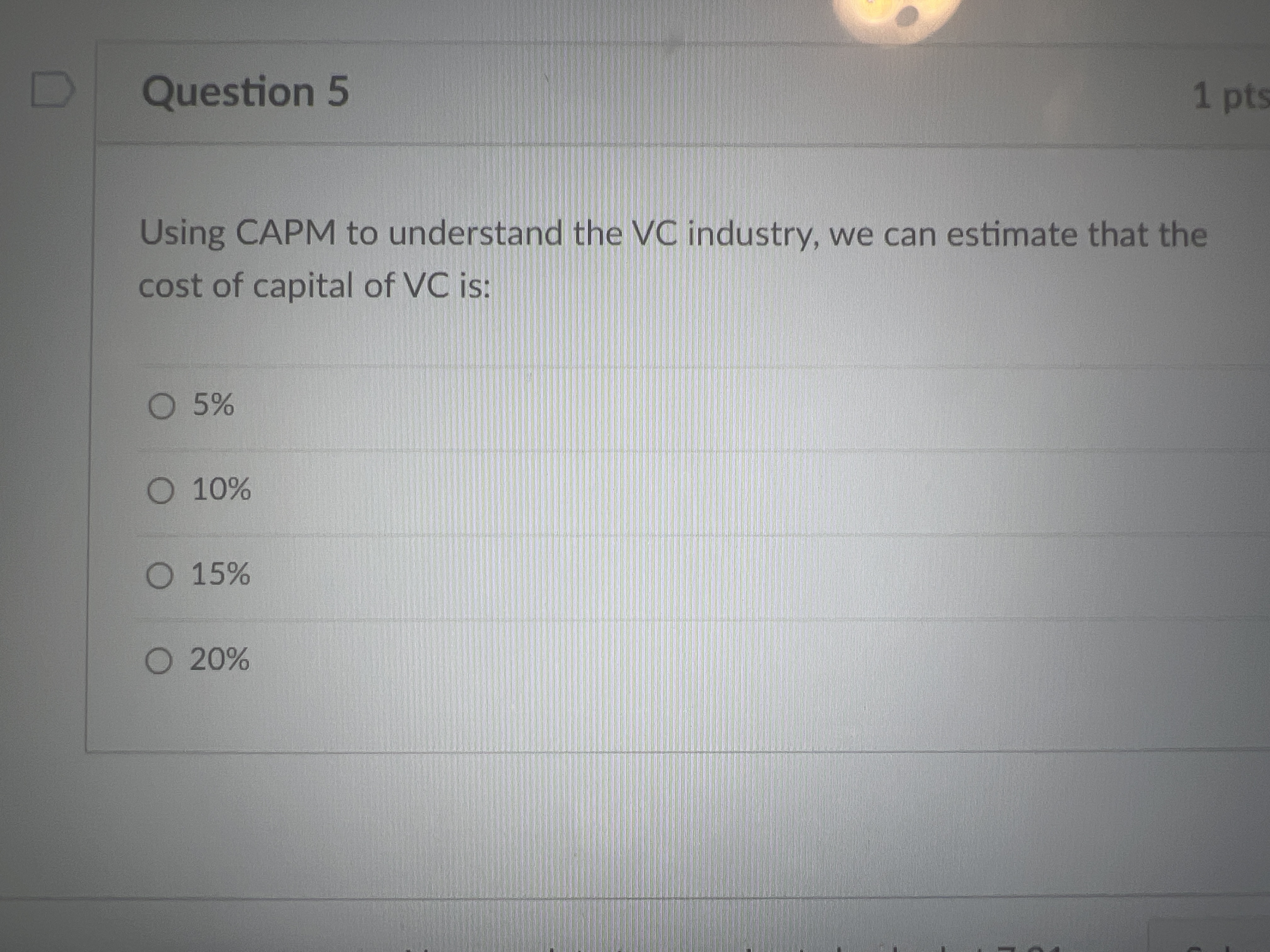 D Question 5 1 pts Using CAPM to understand the VC
