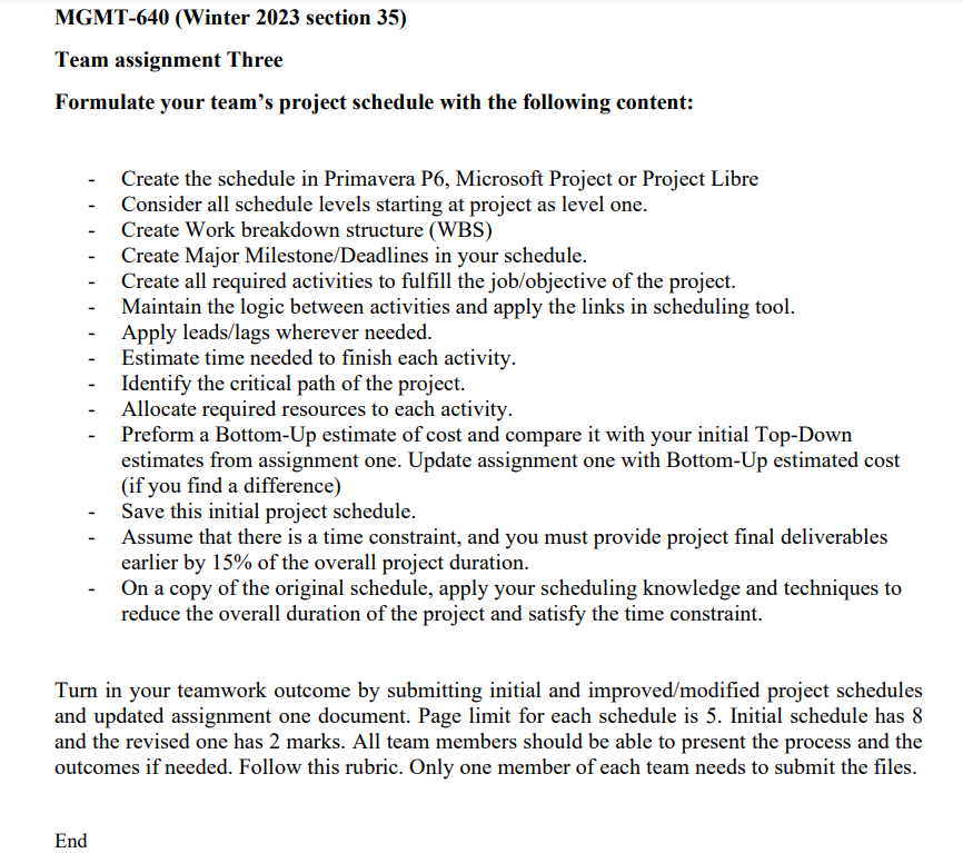 MGMT640 (Winter 2023 section 35) Team assignment Three Formulate your team's