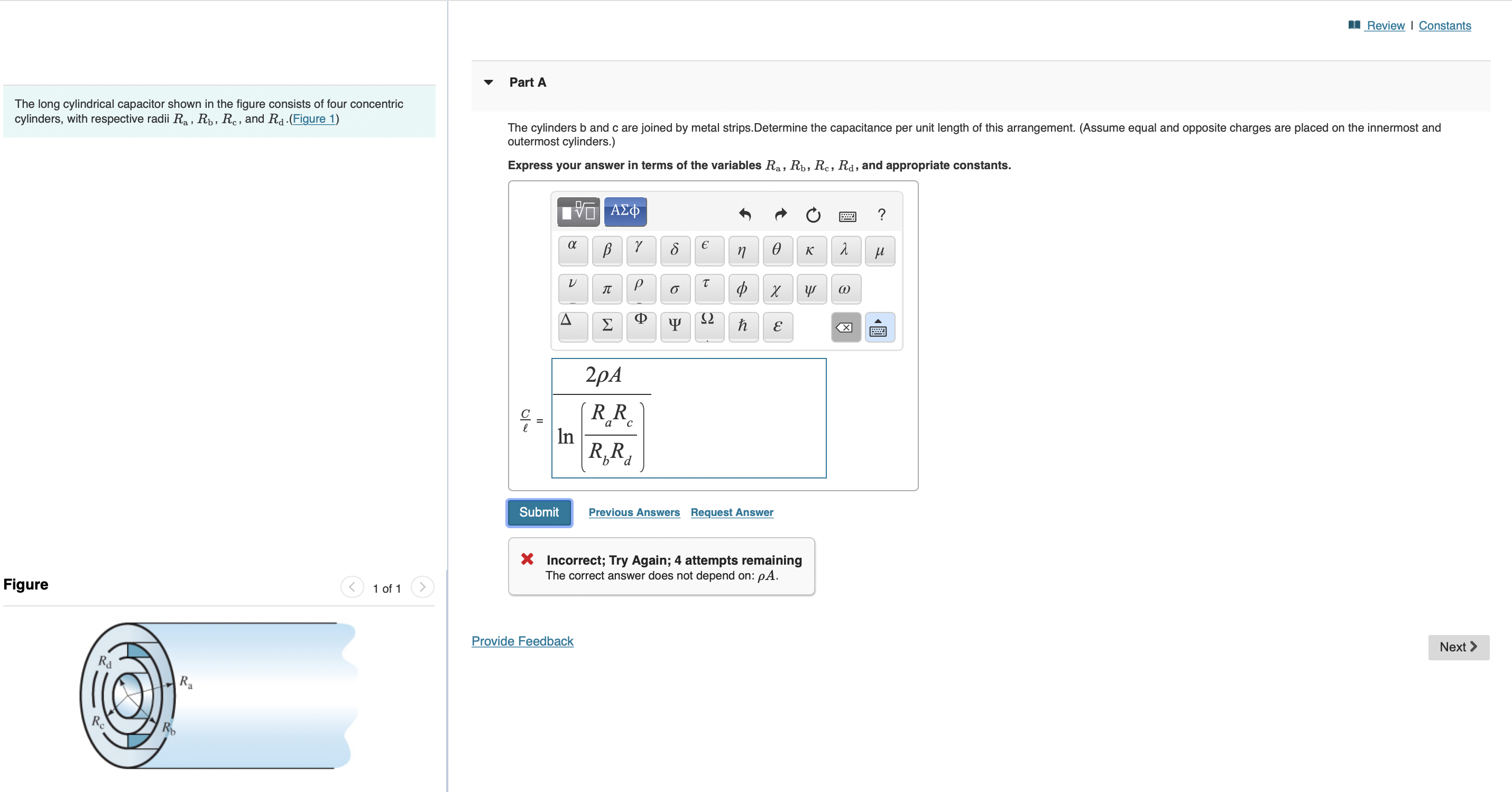  Review | Constants Part A The long cylindrical capacitor shown in