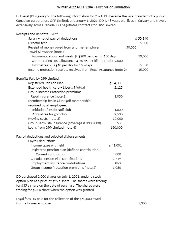 Winter 2022 ACCT 3204 - First Major Simulation D. Diesel (DD)