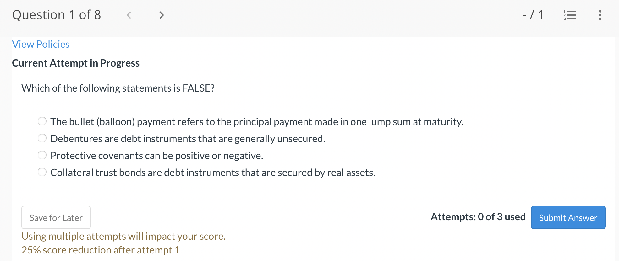  Question 1 of8 > - /1 E View Policies Current Attempt