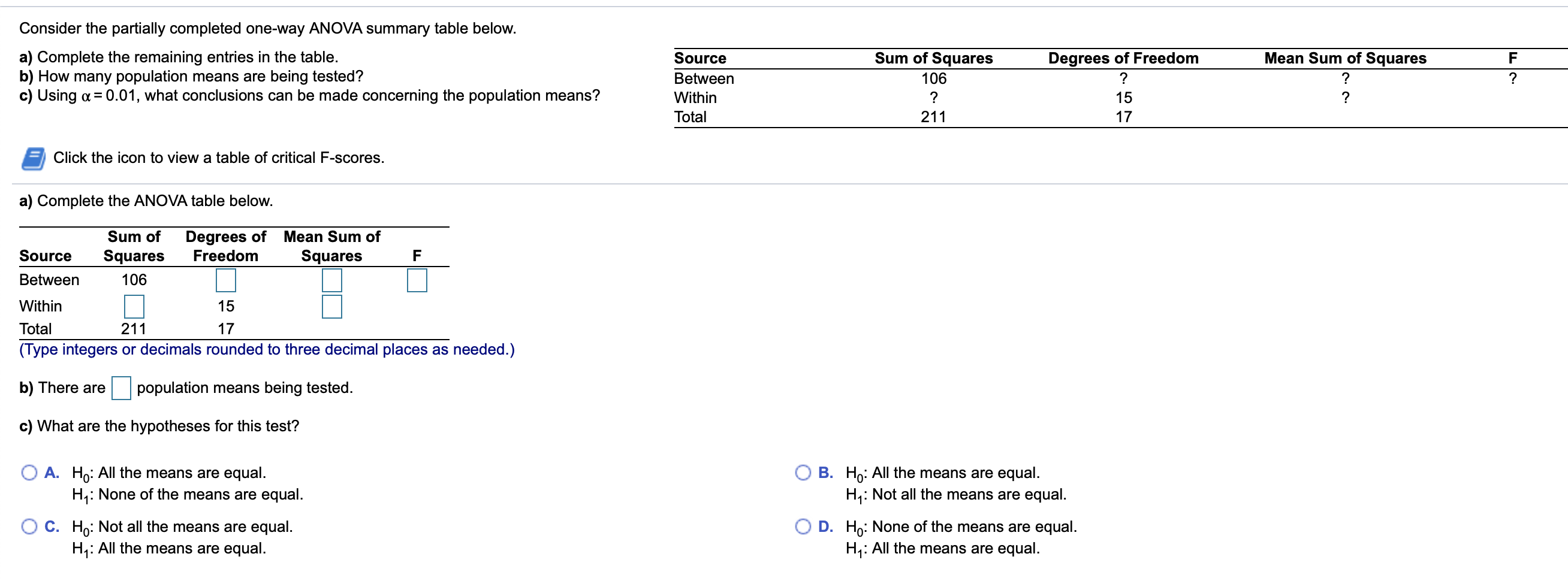 Q.23, DO IT FAST PLS Consider the partially completed oneway ANOVA summary