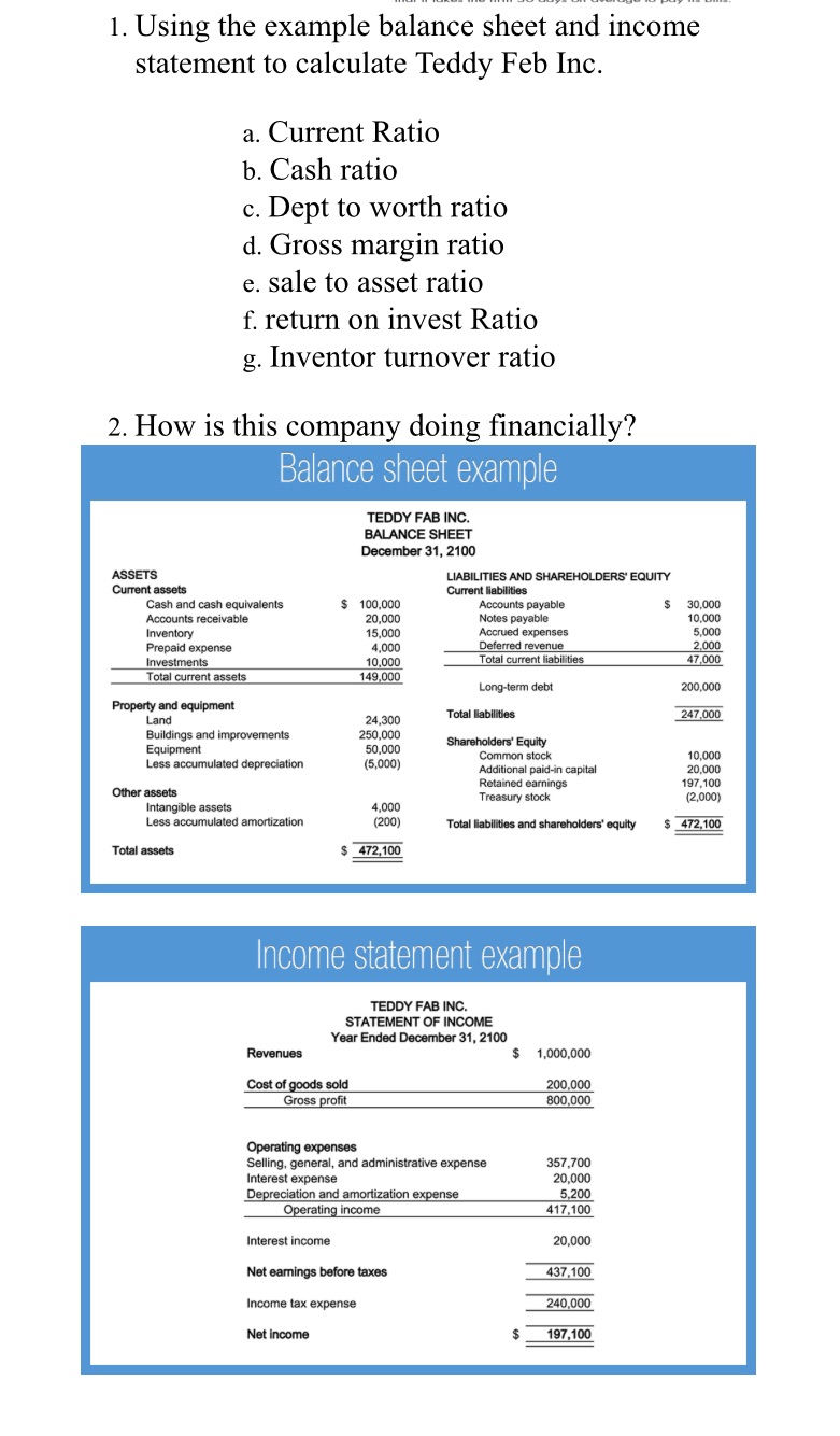 Please answer! 1. Using the example balance sheet and income statement to