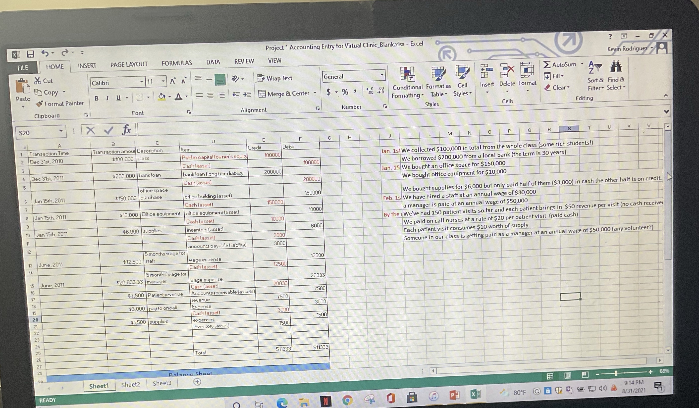 Can you help me create a balance sheet? Project 1 Accounting Entry