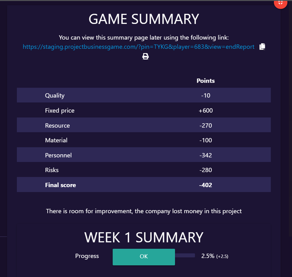  GAME SUMMARY You can View this summary page later using the