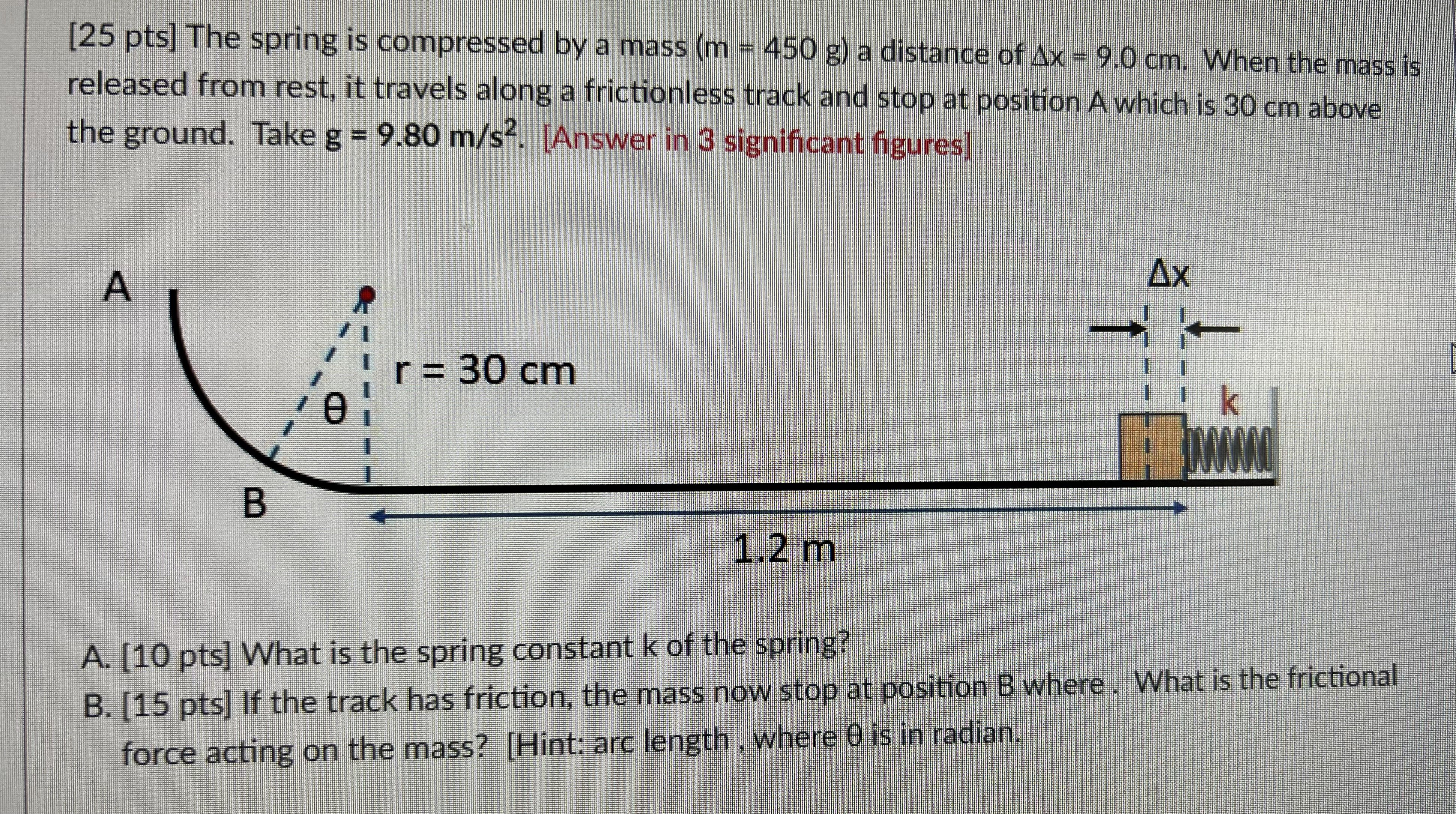  [25 pts] The spring is compressed by a mass (m =
