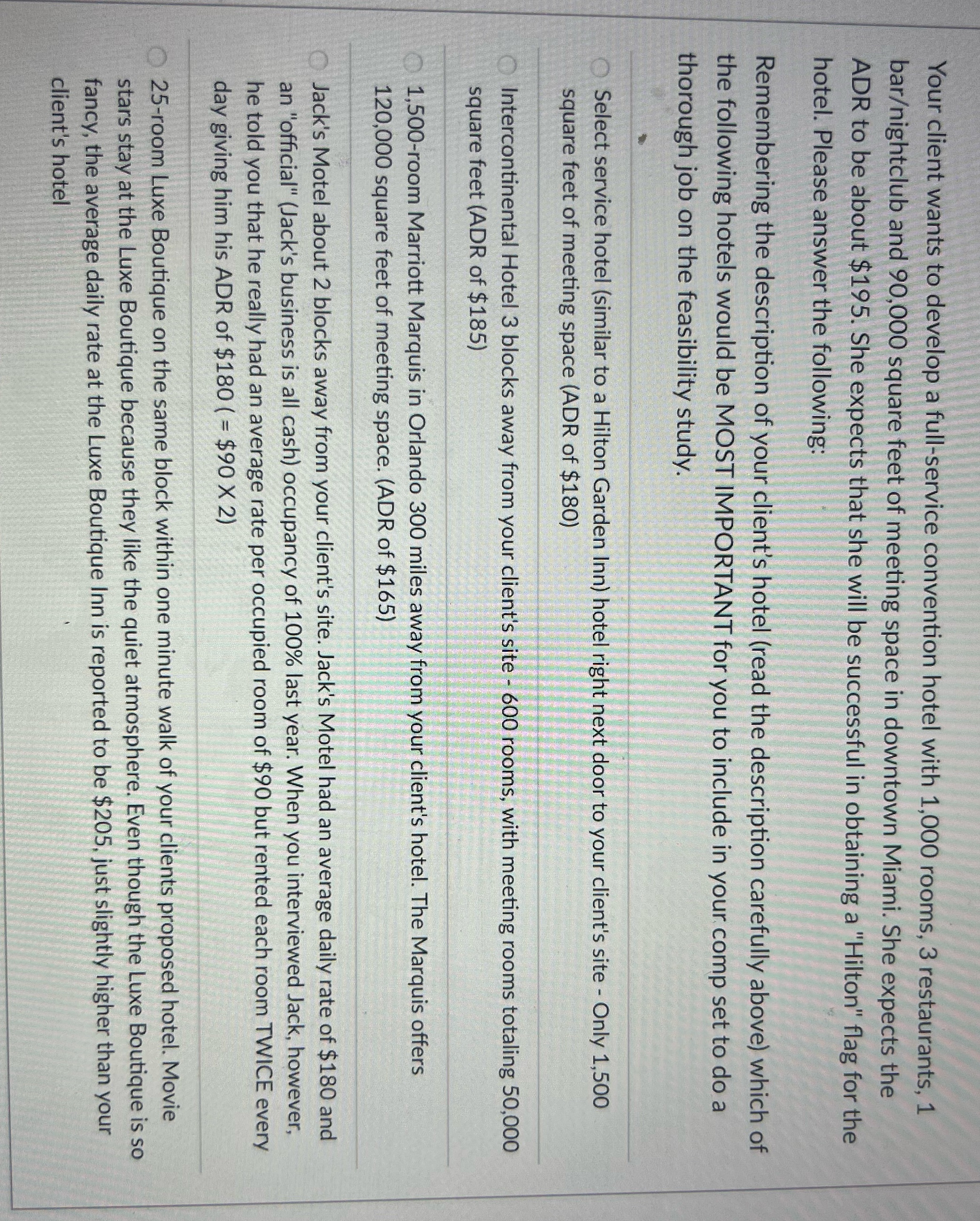  Your client wants to develop a full-service convention hotel with 1,000