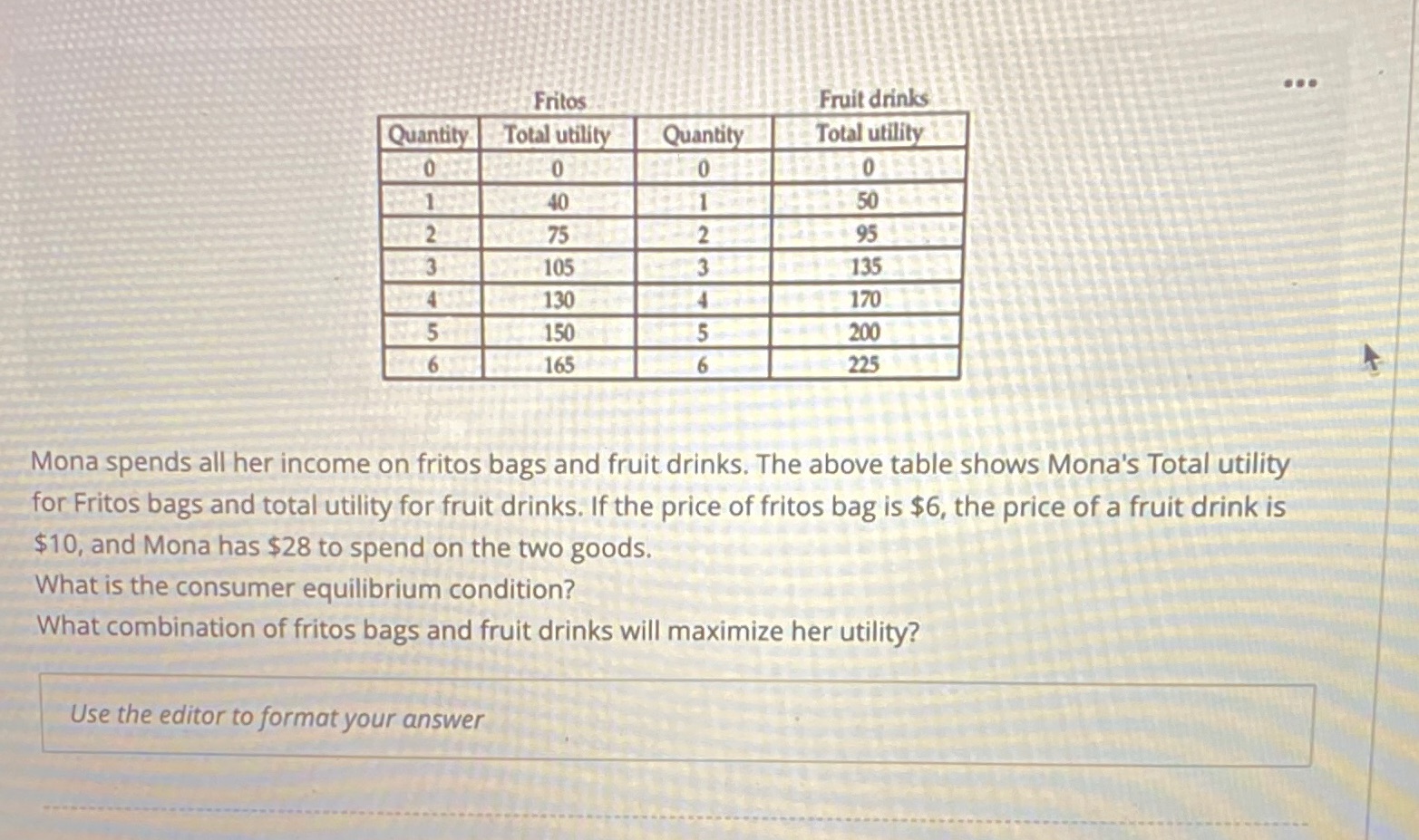  Fritos Fruit drinks Quantity Total utility Quantity Total utility 0 0