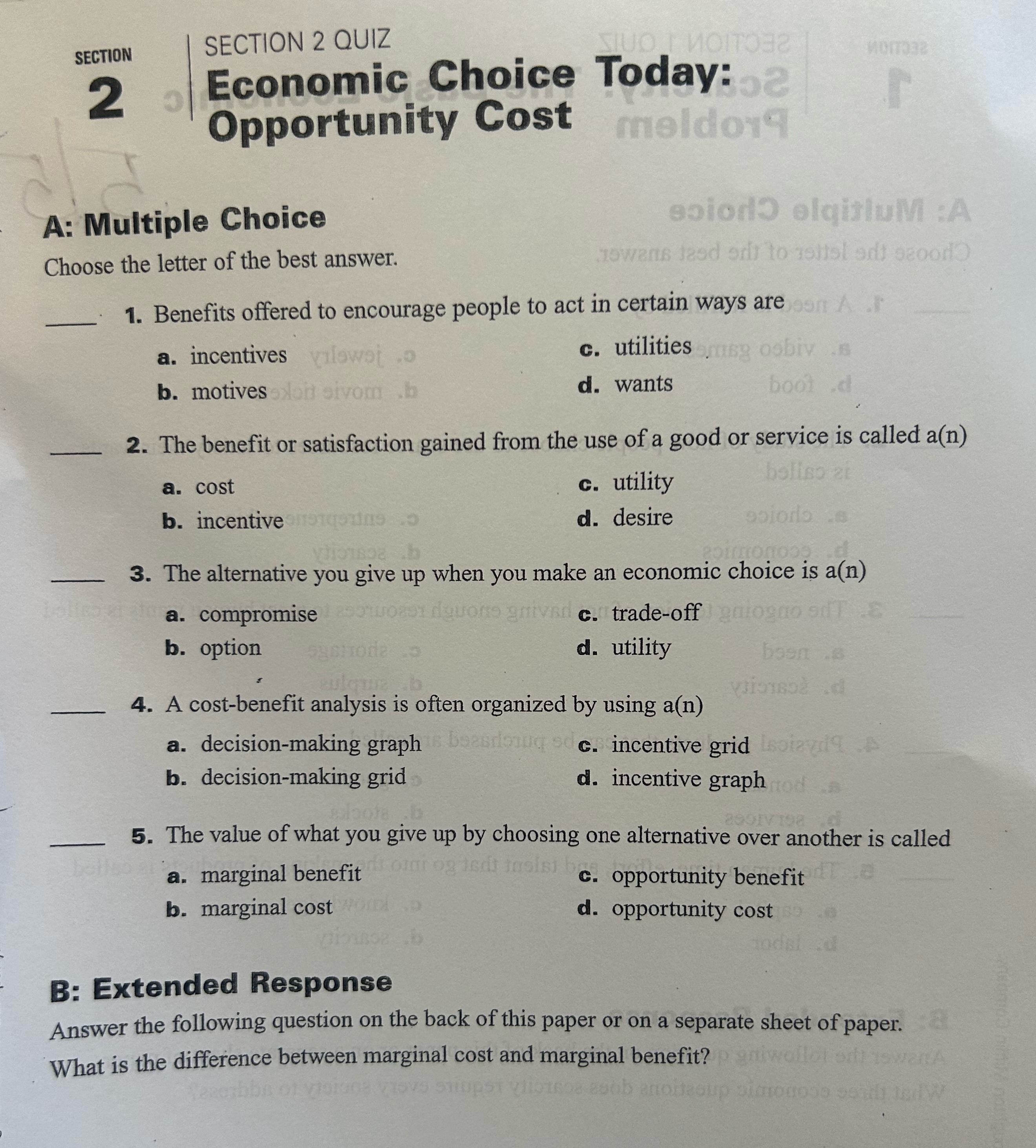 answer 1-5 as well as B: extended response SECTION SECTION 2 QUIZ