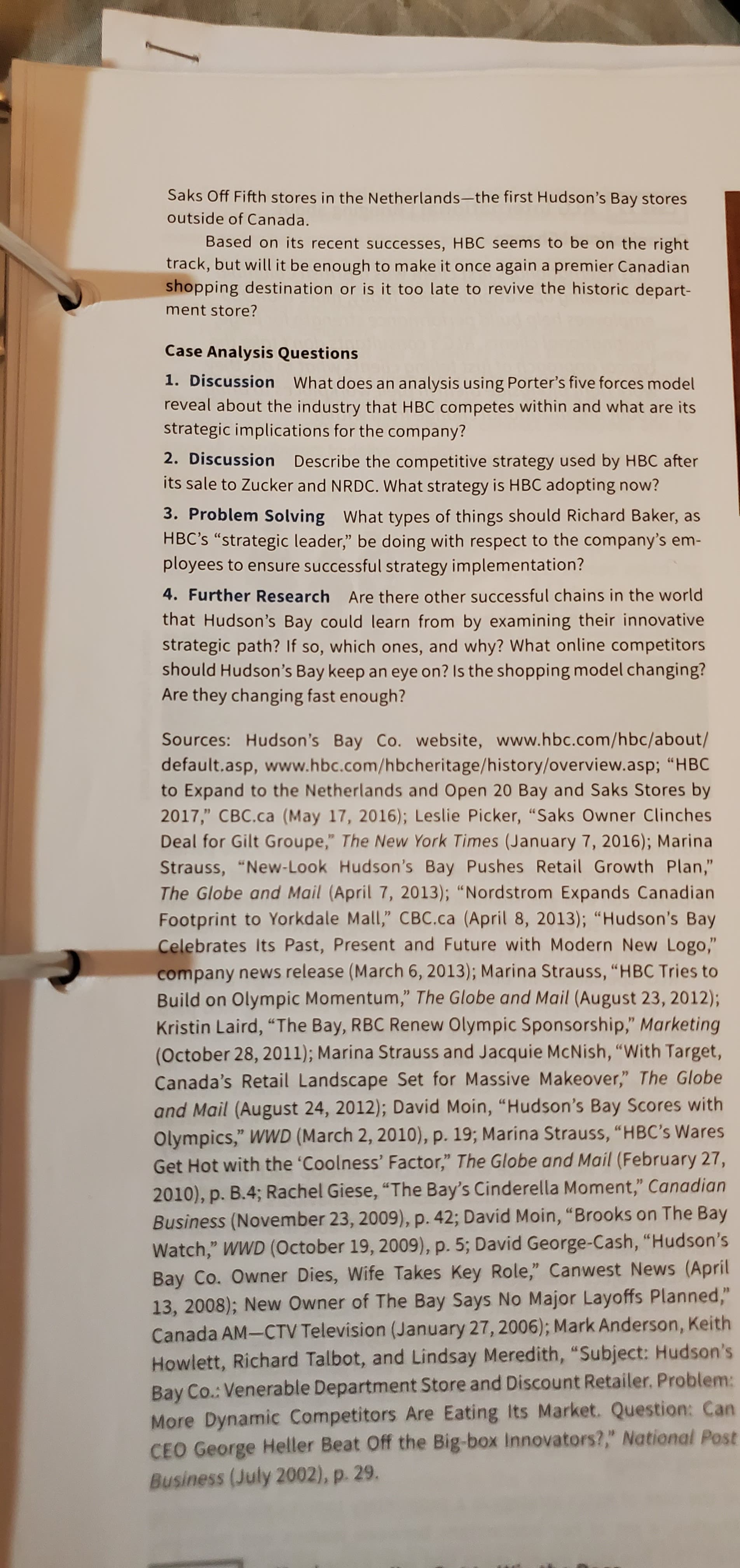 from visits) conduct a current SWOT analysis for Hudson's Bay Company.: From