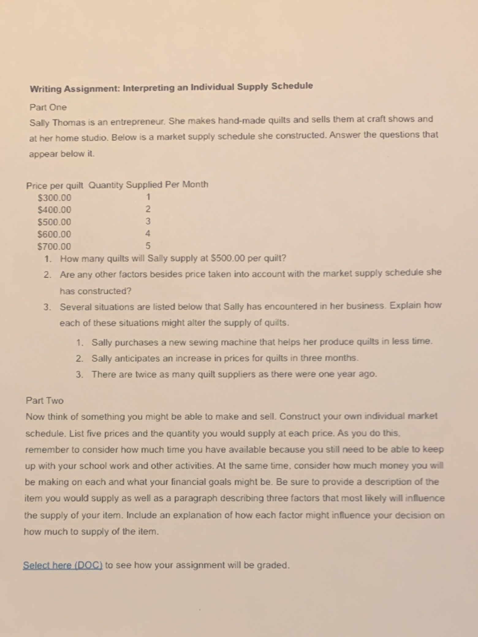 Need help getting different answers Writing Assignment: Interpreting an Individual Supply Schedule
