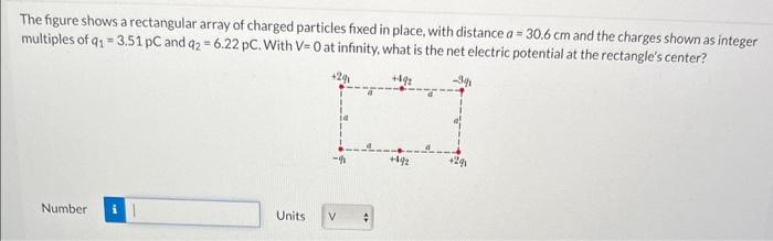  The figure shows a rectangular array of charged particles fixed in