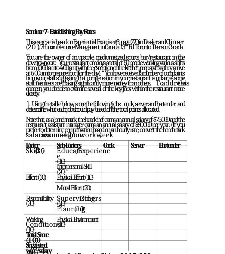 Seninear 7-Btablishing PayRates This exercise is based on Experiential Exercise #3