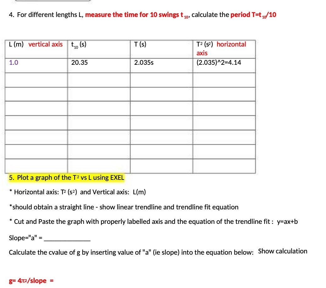 4. For different lengths L, measure the time for 10 swings