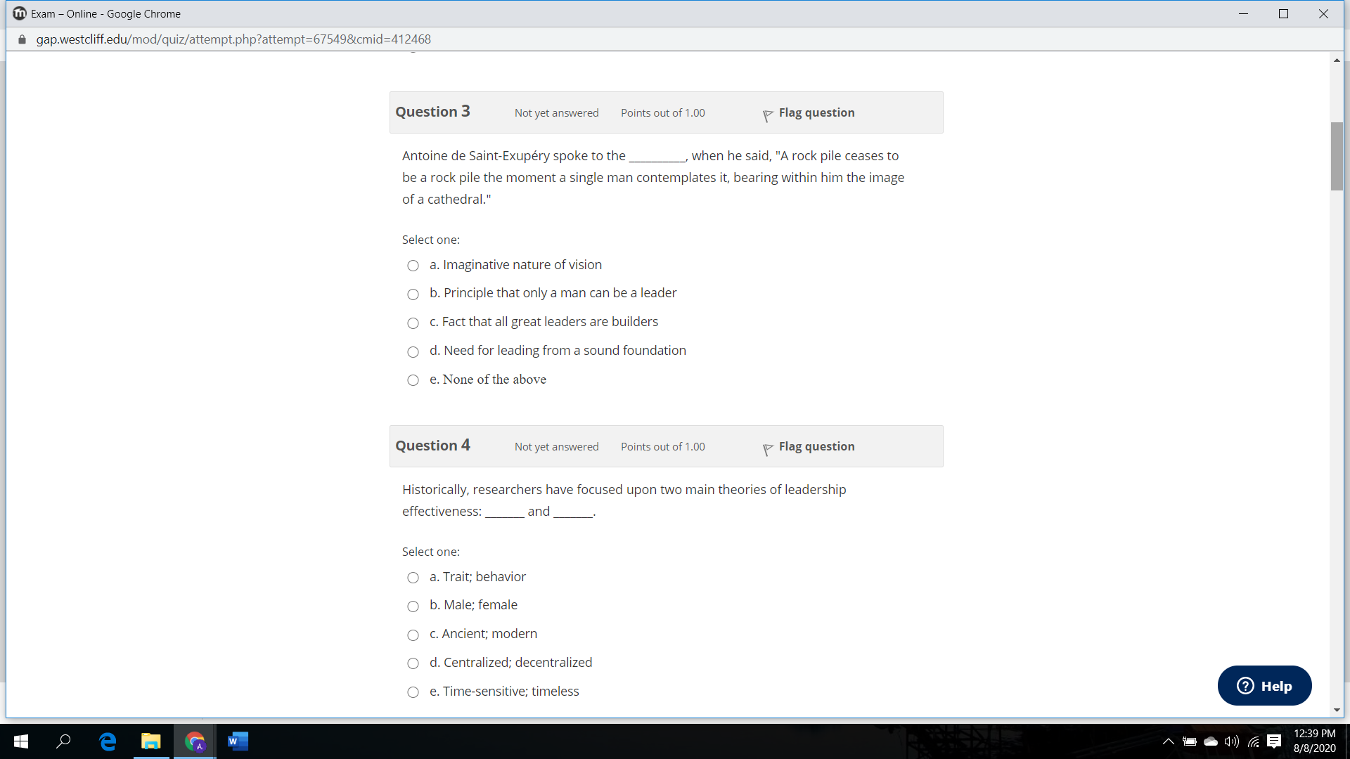 - Google Chrome 0 X gap.westcliff.edu/mod/quiz/attempt.php?attempt=67549&cmid=412468 * Quiz navigation Question 1 Not
