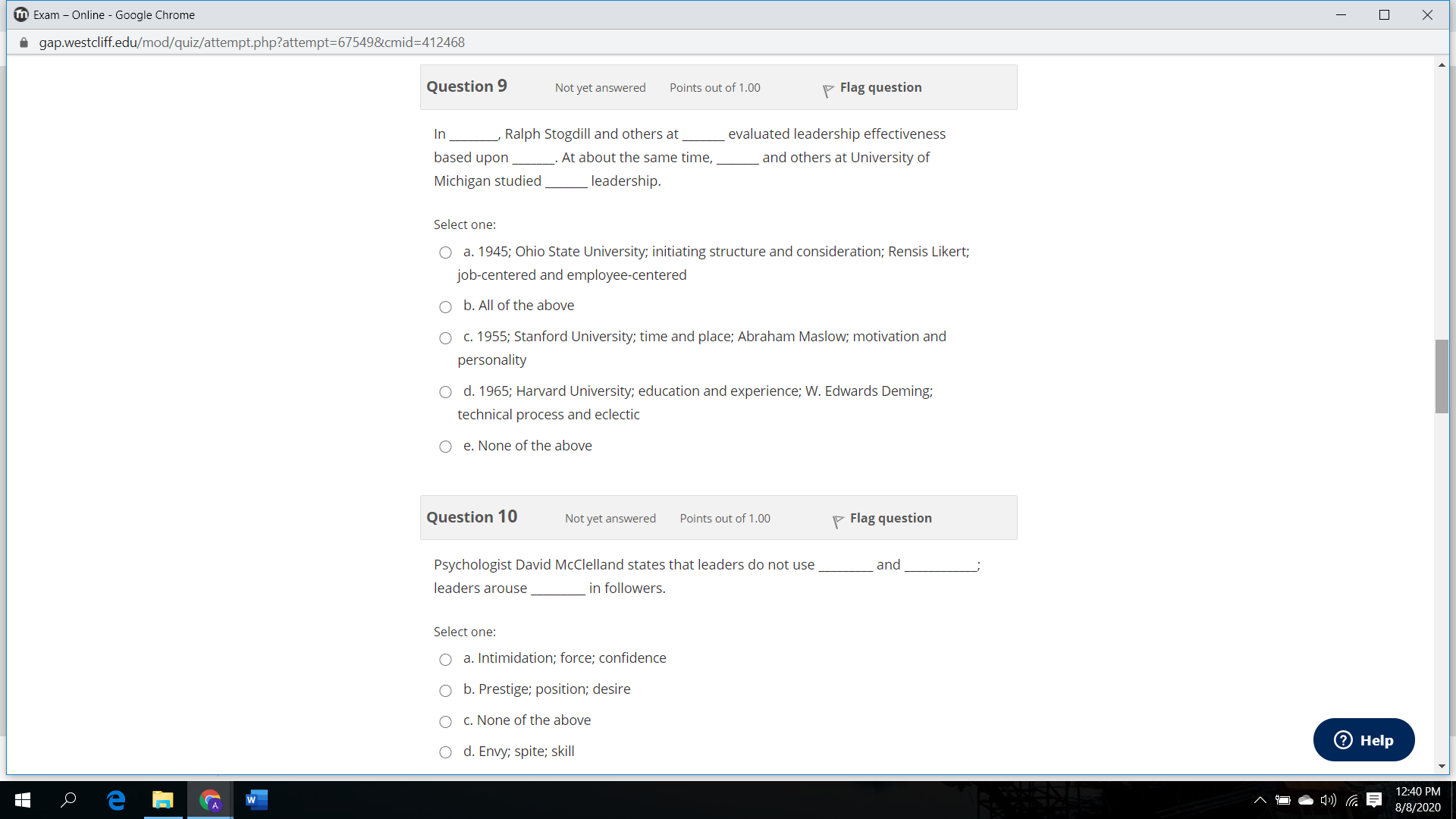 13 14 Select one: O a. Leadership 15 16 1/ 18 19