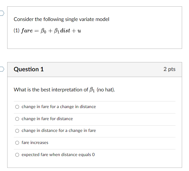  Consider the following single variate model (1) fare = Bo +